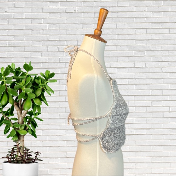 Handmade Grey Halter Top with Flower Design Crocheted Festival Tankini - Picture 3 of 7